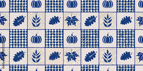 Blue and white autumn pattern featuring pumpkins leaves and checkered squares