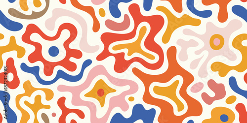 Abstract organic shapes in vibrant colors create a playful flowing background