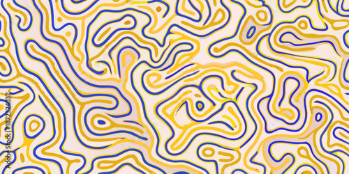 Abstract flowing lines in yellow and blue on a light peach background