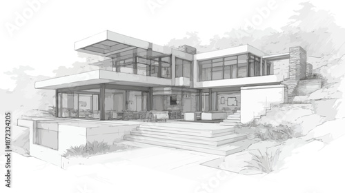 Architectural Sketch of a Modern Luxury House on a Hillside. Contemporary Residential Design Pencil Drawing.