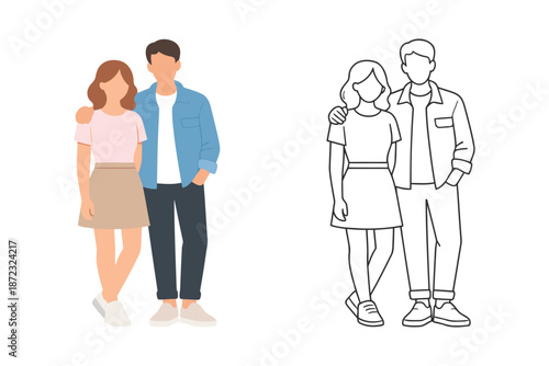 Young Couple Standing Together Illustration with Line Art Version