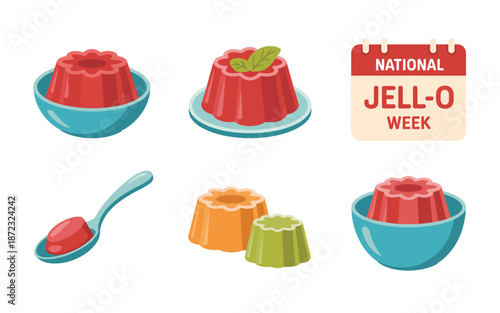 National Jello Day icons with colorful gelatin cups, dessert spoon, calendar date, molded sweets for food celebration and event design