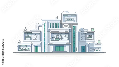 Modern multi-story building with various rooms and people working inside, illustrating a complex facility.