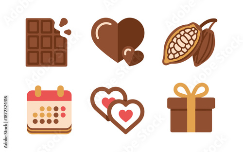 Chocolate gift icons set, cocoa bean, heart shape, calendar celebration, present box, romantic dessert collection, valentines party, confectionery festival vector