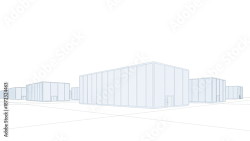 Minimalist architectural rendering of a series of modern, box-like industrial buildings.