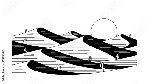 Minimalist Desert Landscape Illustration with Sand Dunes and Cacti