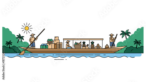 Traditional River Transport and Floating Market Illustration