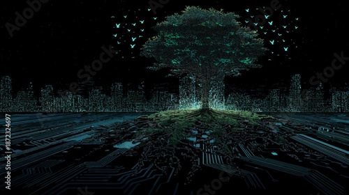 Futuristic digital tree with glowing leaves and intricate circuit board roots on a tech landscape, symbolizing nature and technology blend.