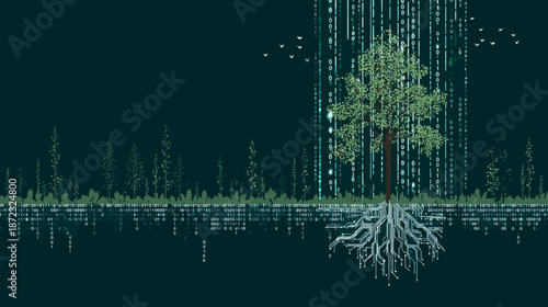 Cybernetic tree with illuminated digital data stream, visible roots, and a pixelated forest background. Nature technology fusion concept.
