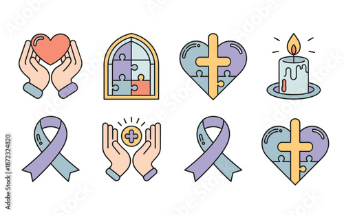 Awareness and support icons, helping hands, church window, remembrance candle, faith cross, prayer service, charity event, community solidarity vector