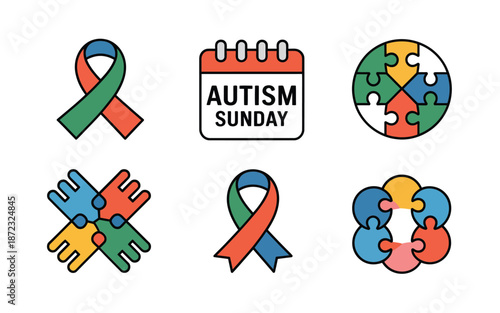 Autism awareness Sunday icons, calendar reminder, ribbon symbol, puzzle people, teamwork hands, community education, support event, charity fundraiser vector illustration