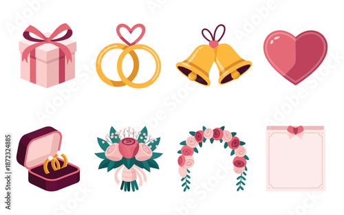 Engagement celebration icons, gift box, golden rings, heart balloon, jewelry box, floral garland, invitation card, bridal shower party vector