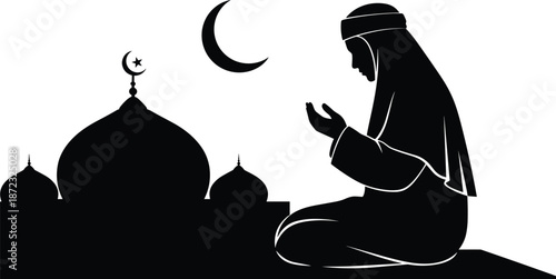 Muslim man praying beside mosque silhouette under crescent moon, Islamic Ramadan night worship black and white vector illustration