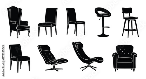 A collection of vintage and antique chairs and a bench in silhouette