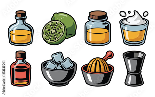 Mixology equipment vector pack, citrus wedge, syrup jar, bitters dropper, ice cubes, shaker, jigger, craft cocktail class workshop graphics