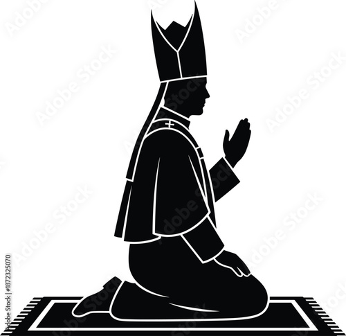 Silhouette of Catholic bishop praying kneeling on prayer rug, religious devotion concept, black and white vector illustration art