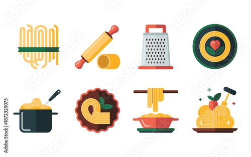 Cooking tools vector set, rolling pin, box grater, saucepan, frying pan, ladle, noodle press, culinary class event graphics icons