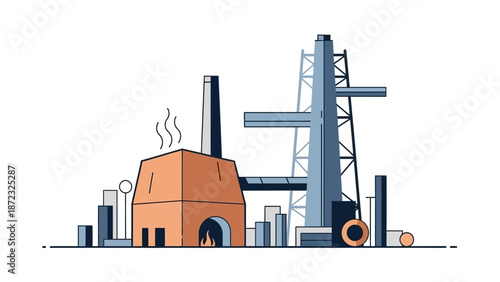 Illustration of an industrial complex featuring a furnace, smokestacks, and various factory structures.