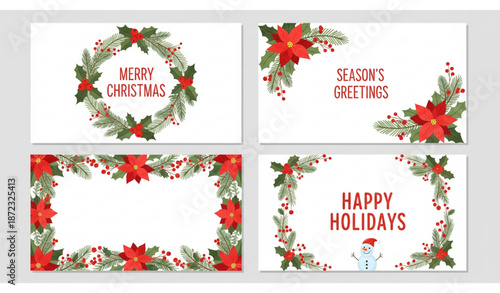 Cute Merry Christmas botanical postcards with winter flowers vector