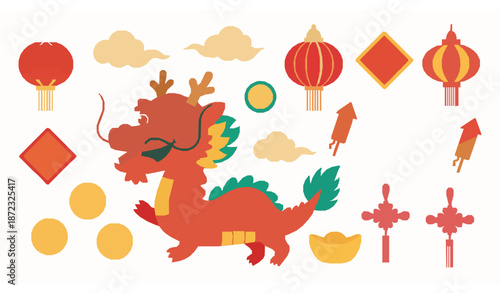 Cute Chinese zodiac dragon Lunar New Year clip art vector set