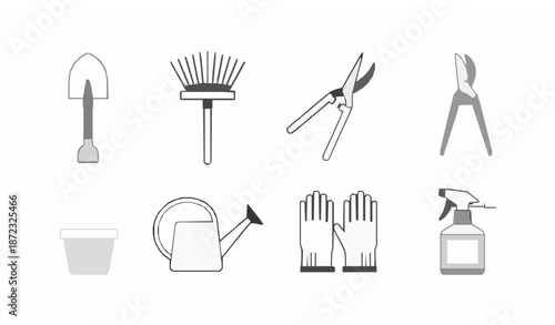 Minimal gardening tools line icon vector set for plant care
