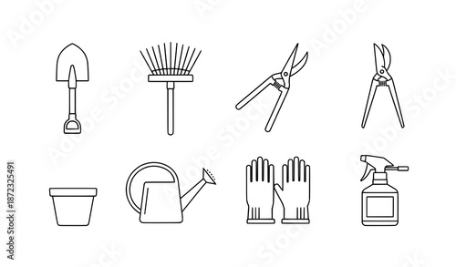 Minimal gardening tools line icon vector set for plant care