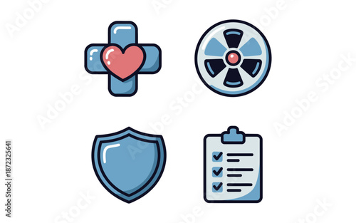Health and safety event icons, medical cross heart, protection shield, checklist clipboard, emergency sign, wellness fair graphic, hospital campaign vector