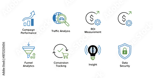 Abstract icons representing data analysis and digital security