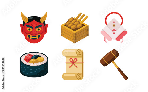 Japanese spring festival icons, oni mask, roasted soybean throwing, ehomaki sushi roll, wooden masu box, mochi mallet, ritual scroll
