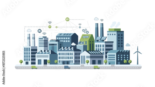 Illustration of a smart city with interconnected buildings, renewable energy sources, and autonomous vehicles.