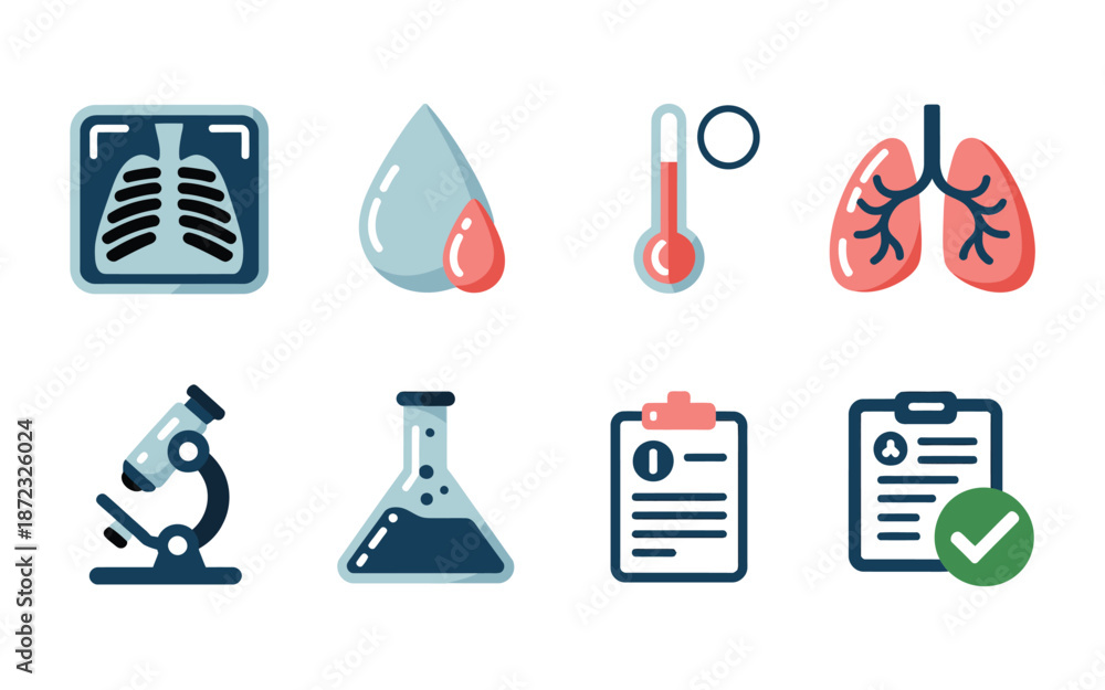 Fototapeta premium Medical laboratory diagnostics set, chest x ray, blood drop, thermometer, microscope and flask, health check checklist, hospital screening event