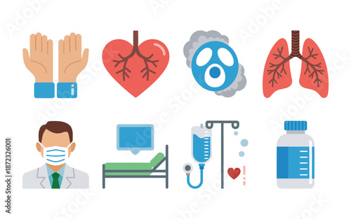 Hospital care icons, medical team with patient, stethoscope, oxygen mask, heart anatomy, infusion bottle, medication, surgery bed, intensive ward