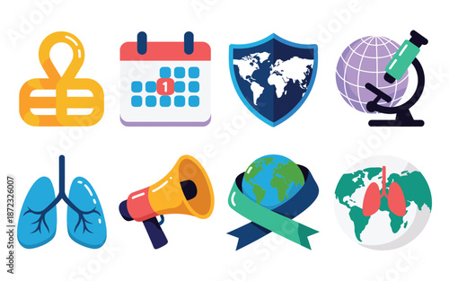 World lung health week icons, ribbon awareness, microscope research, shield protection, megaphone announcement, planet globe, respiratory support, education resources