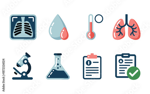 Medical laboratory diagnostics set, chest x ray, blood drop, thermometer, microscope and flask, health check checklist, hospital screening event