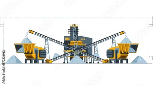 Industrial scene depicting a modern aggregate processing plant with conveyor belts and heavy machinery.