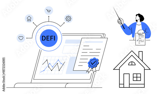 Decentralized finance with laptop, charts, smart contract document, certified seal, home and instructor. Ideal for blockchain, technology, investment, finance property education modern economy