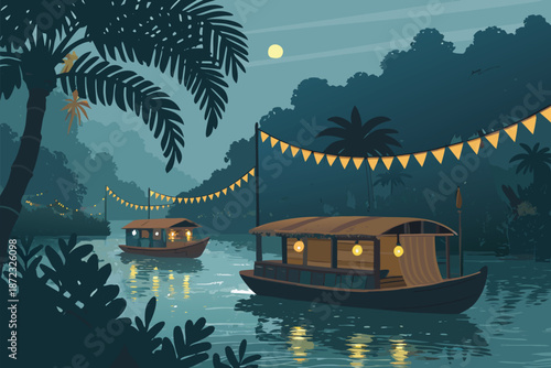Rainforest Riverboat Floating Market Dusk Realist
