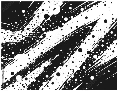  A bold, high-contrast black and white abstract design featuring sweeping diagonal ink splashes, numerous dots and circular shapes. Evokes energy, motion, creativity