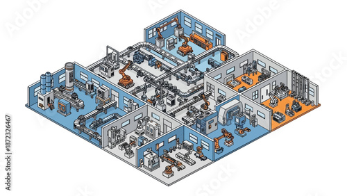 Isometric view of a modern automated factory floor with robotic arms and assembly lines.
