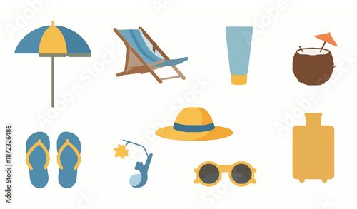 Summer beach travel objects minimal vector set isolated