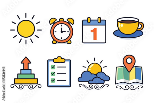 Bright Morning Routine and Productivity Icons Set Graphic