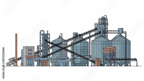 A detailed illustration of a large industrial complex with multiple silos, conveyor belts, and processing structures.