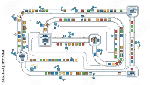 Automated factory assembly line with robotic arms, conveyor belts, and various colored product boxes, illustrating industrial automation and manufacturing processes.