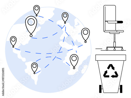 Sustainability, circular economy, global logistics, waste management, furniture recycling, environmental awareness. Map with location markers, office chair recycling bin. Sustainability and circular