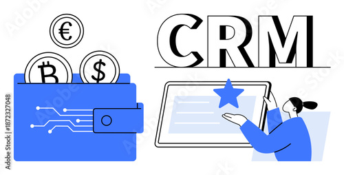 Finance management, customer loyalty, blockchain technology, digital marketing, user experience, fintech applications. Wallet with crypto coins and person interacting with CRM. Finance management
