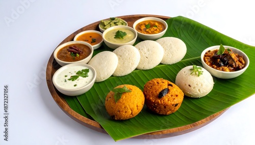 South Indian Thali - Idli, Vada, and Sambar on Banana Leaf.