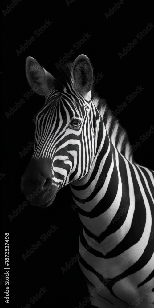 Naklejka premium Monochrome zebra portrait against black background