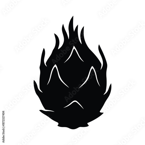 Black silhouette of a dragon fruit with spiky scales on a white background pitaya