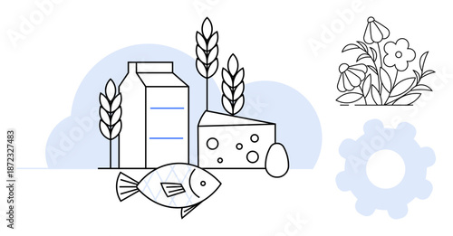 Agriculture, food sustainability, dairy production, organic farming, ecosystem balance, agritech. Milk carton, cheese fish wheat flowers and gear elements. Agriculture and food sustainability