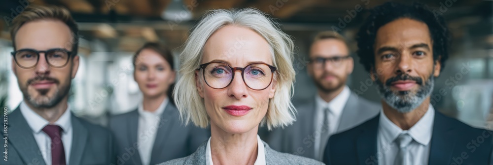 Fototapeta premium Diverse group of confident business professionals standing together in an office environment representing corporate leadership and teamwork with a focus on the mature woman in front